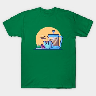 Hot Coffee With Teapot And Macaroon Cartoon Vector Icon Illustration T-Shirt